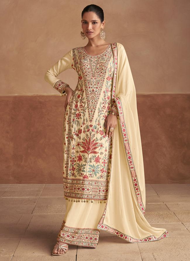 Real Chinnon White Wedding Wear Embroidery Work Readymade Plazzo Suit